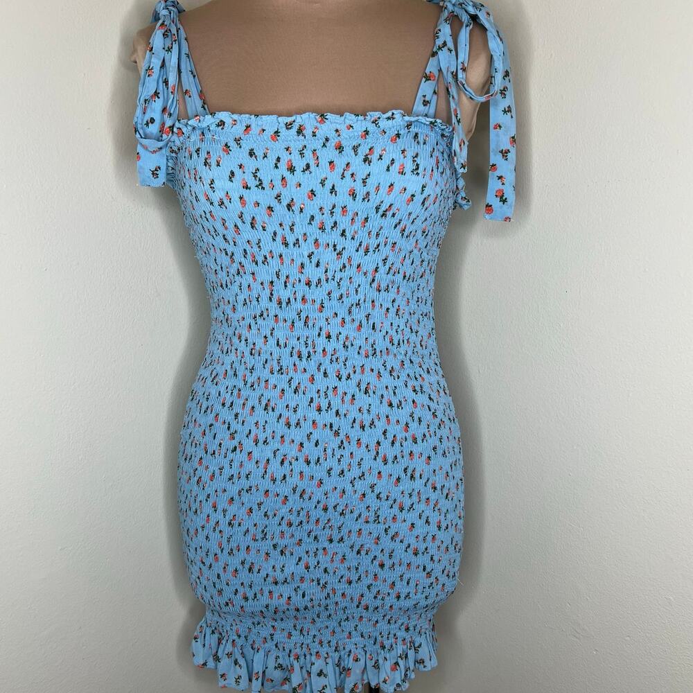 Free People Intimately Bella Dress Medium Womens Smocked Ruffle Floral Girly Sky - Picture 2 of 10
